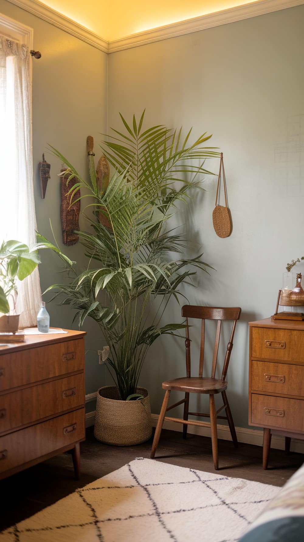 A vintage bedroom with emerald green walls featuring a large palm plant, wooden furniture, and a cozy atmosphere.