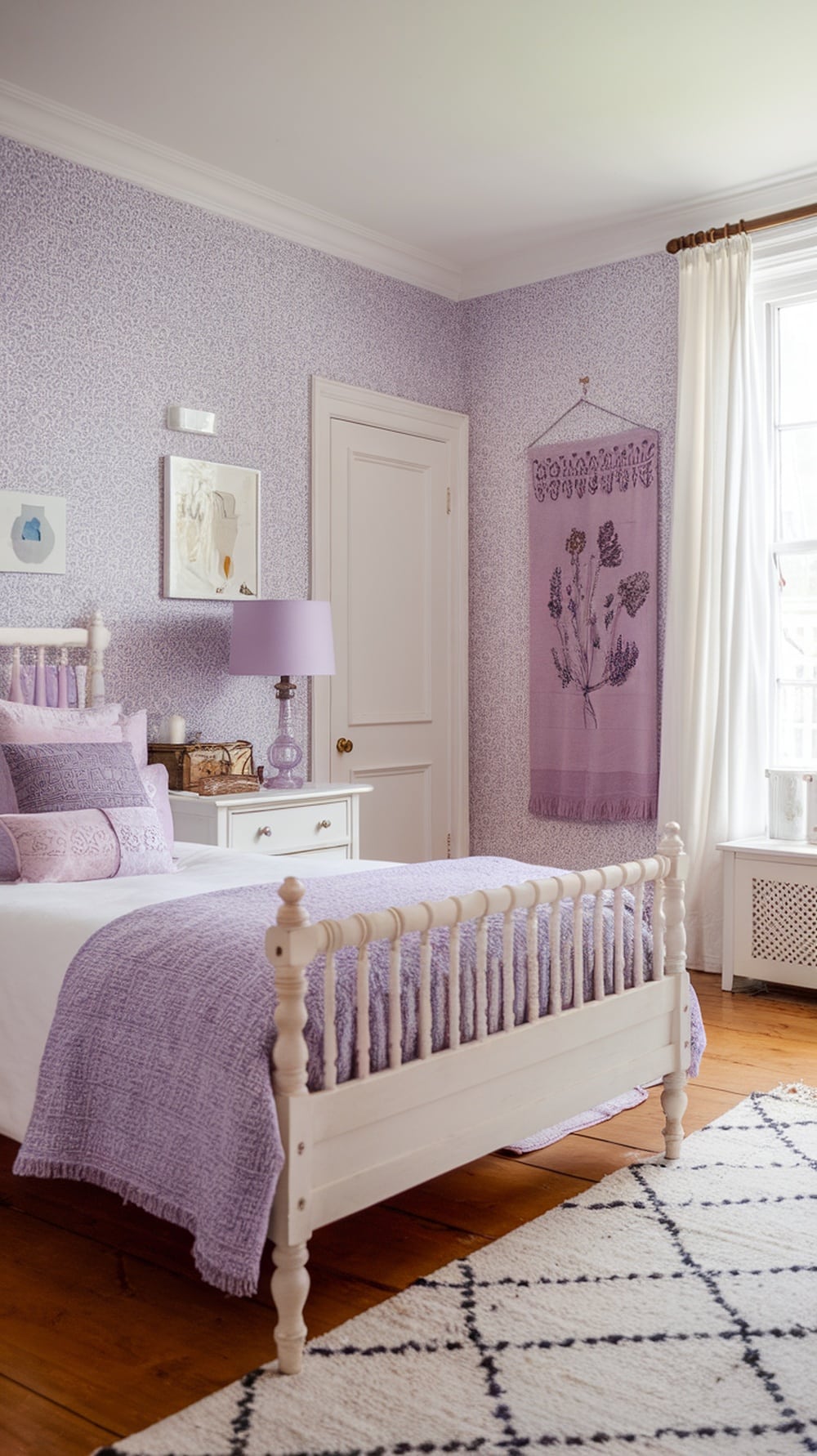 A cozy lavender bedroom featuring patterned decor and soft lighting.
