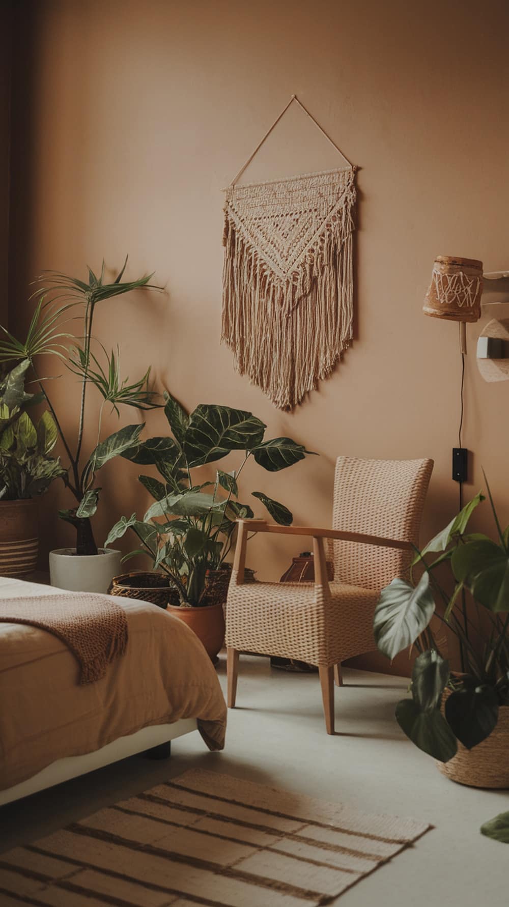A cozy caramel bedroom featuring various indoor plants and a comfortable chair.