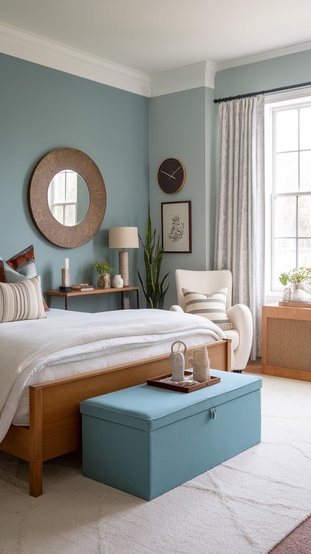 A cozy bedroom featuring dusty blue walls, earthy decor, and layered textiles.