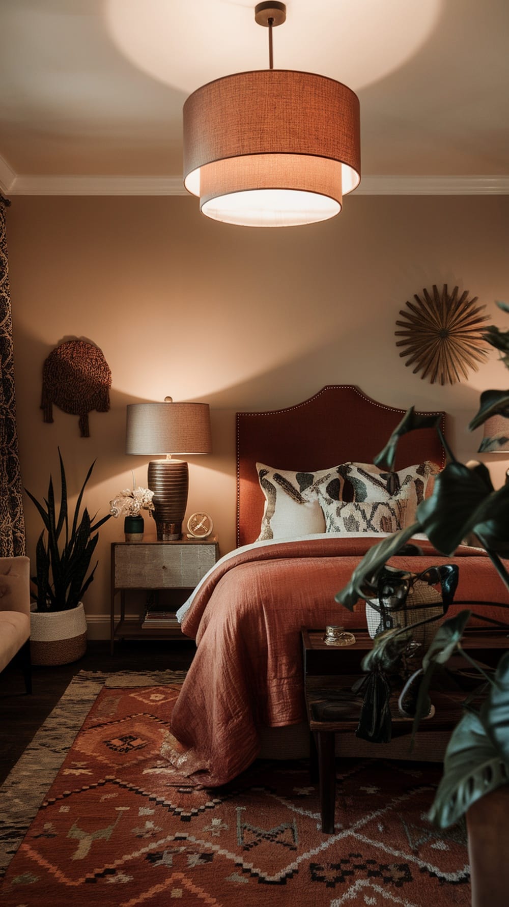A modern Burnt Sienna bedroom featuring layered lighting with a pendant light and bedside lamps.