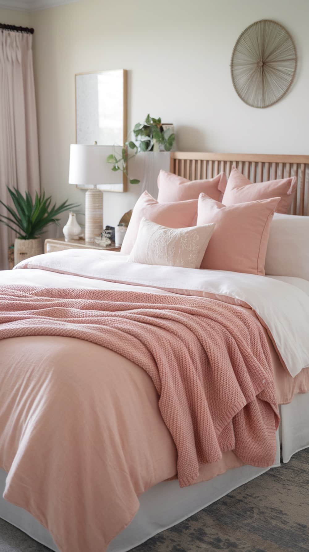 A cozy blush pink bedroom featuring layered textiles with a duvet, knit throw, and decorative pillows.