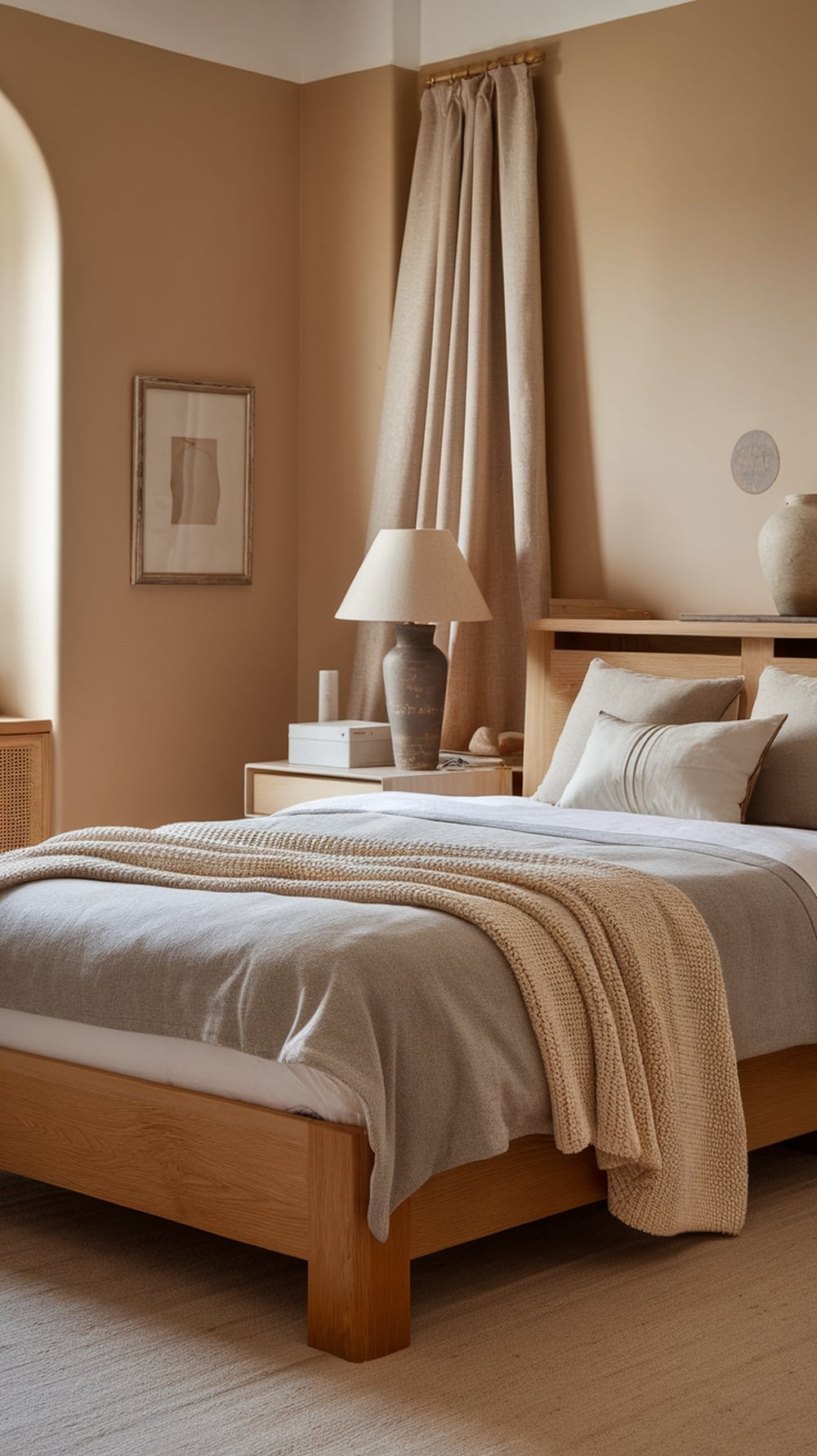 A serene cream bedroom featuring a wooden bed with layered blankets and pillows, warm wood accents, and soft curtains.