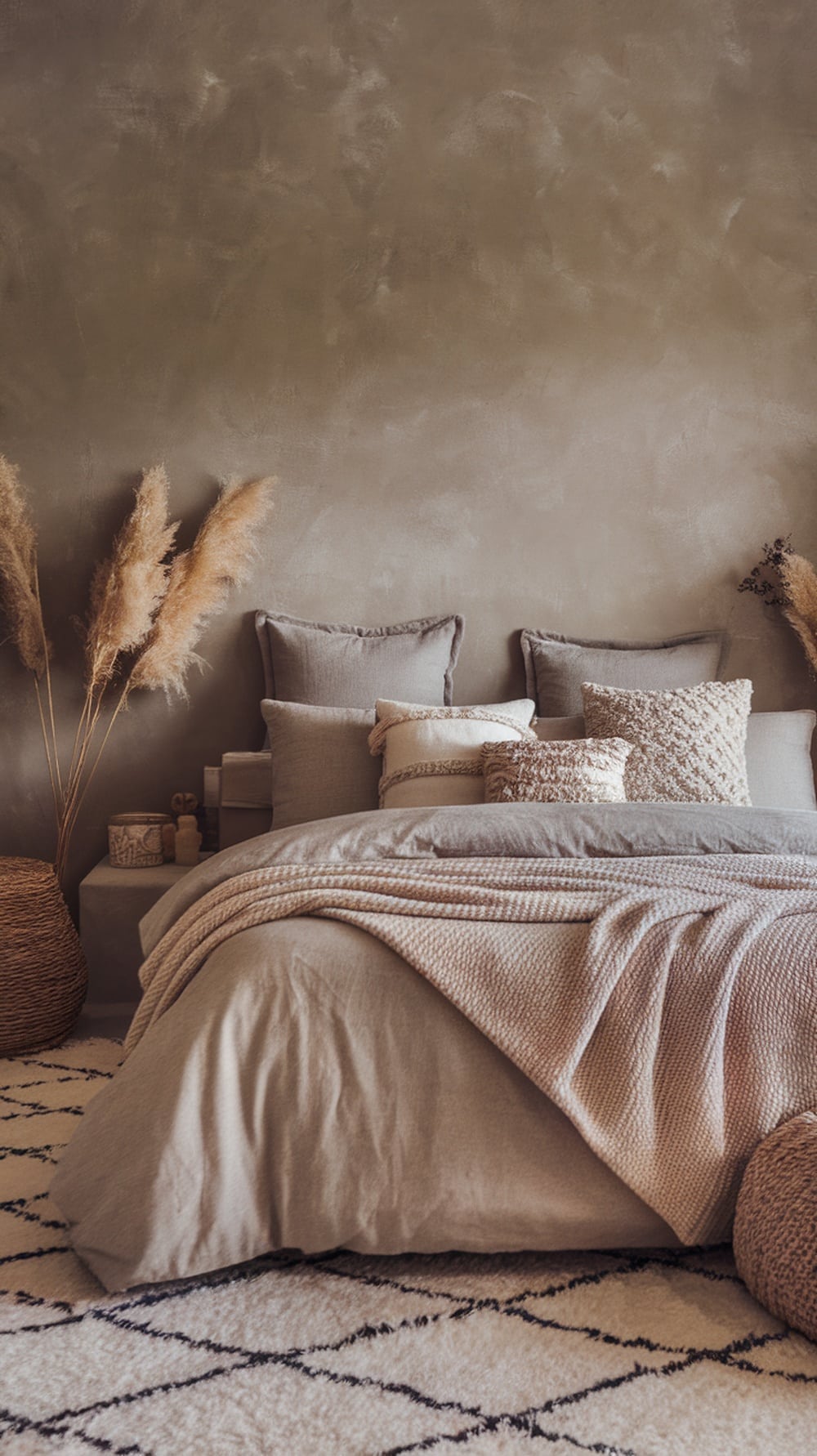 A cozy greige bedroom with layered textures, including soft pillows and a warm blanket.