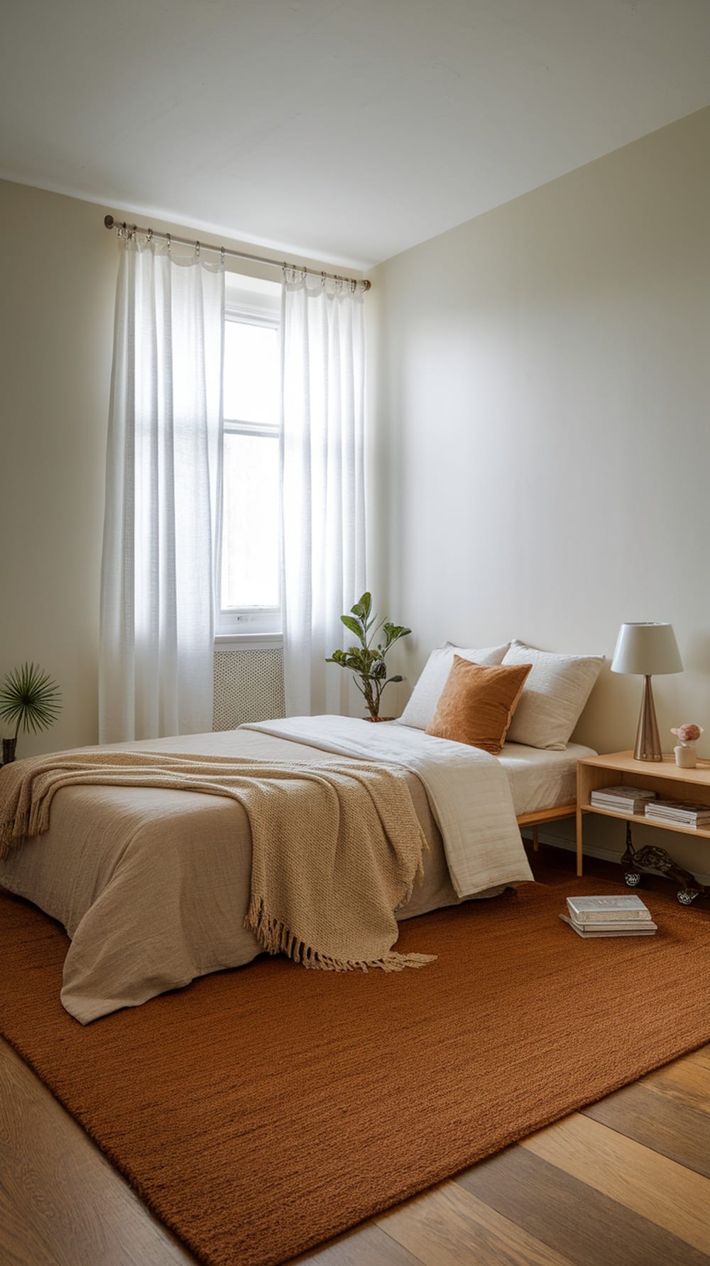 A minimalist bedroom featuring caramel tones with layered textures, including a soft blanket, a plush rug, and decorative pillows.