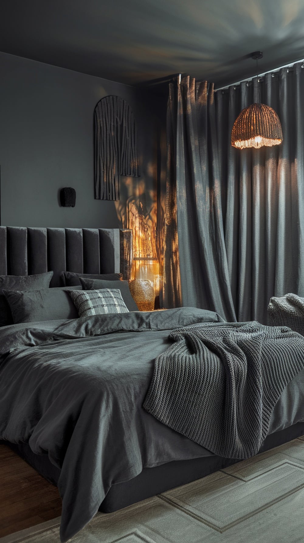 A stylish charcoal gray bedroom featuring layered textures with pillows, throws, and curtains.