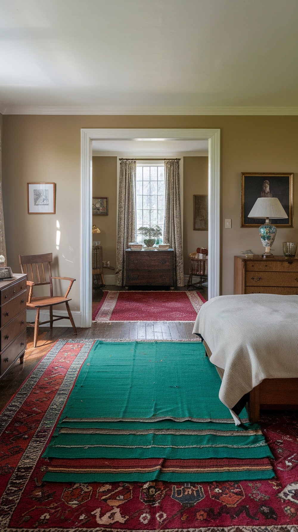 A vintage bedroom featuring layered rugs in emerald green and red tones.