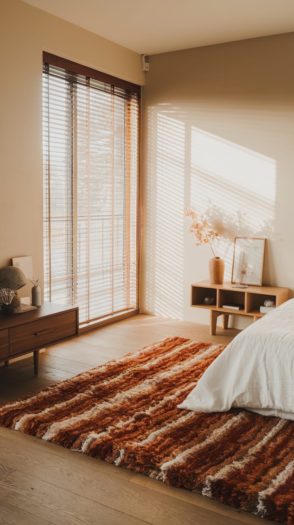 A cozy Burnt Sienna striped rug in a modern bedroom setting.