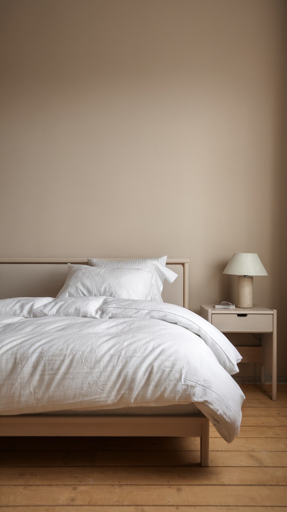 A minimalist cream bedroom featuring a simple bed with white linens and a light wood nightstand with a lamp.