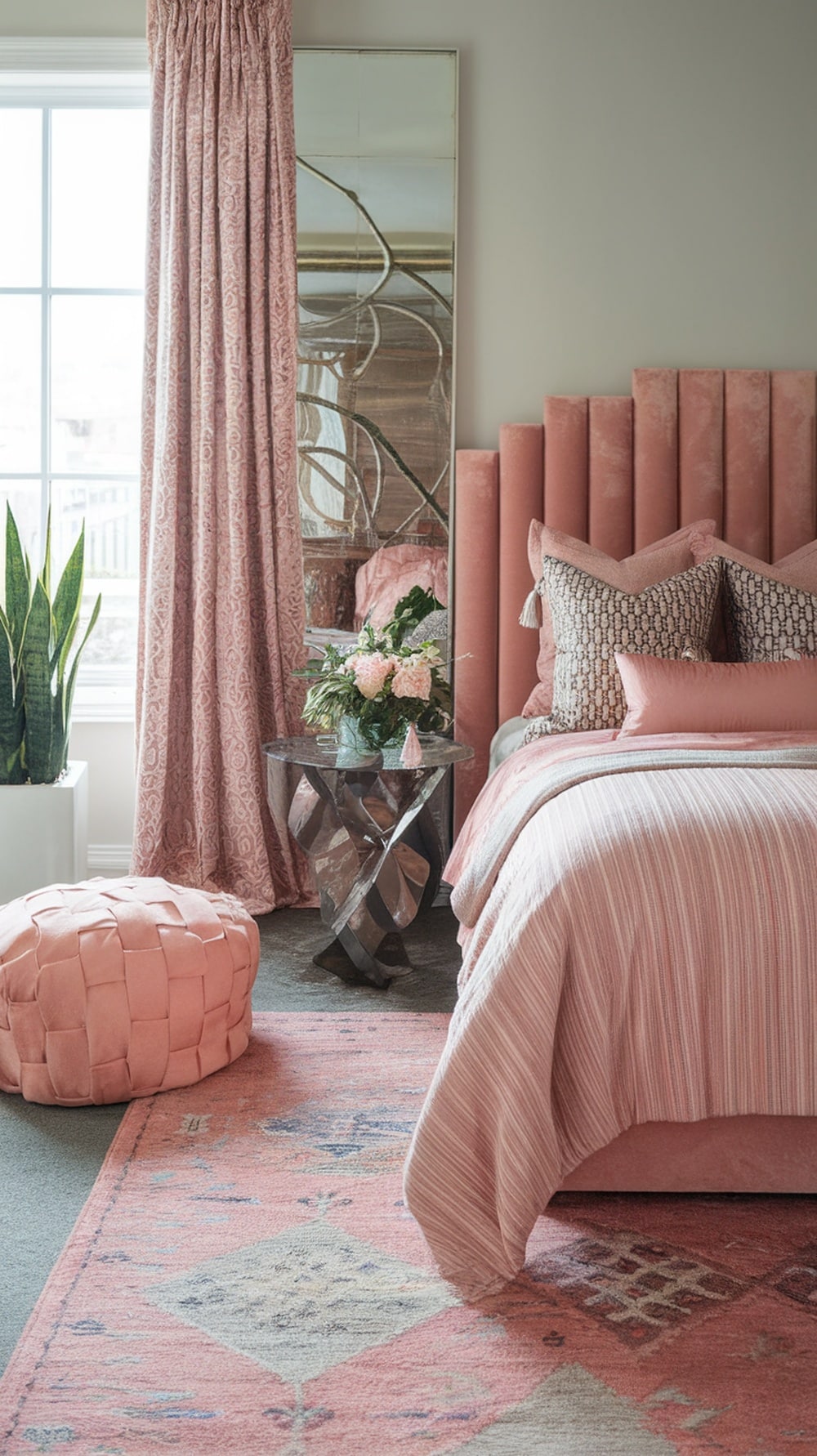 Cozy blush pink bedroom with mixed patterns in decor