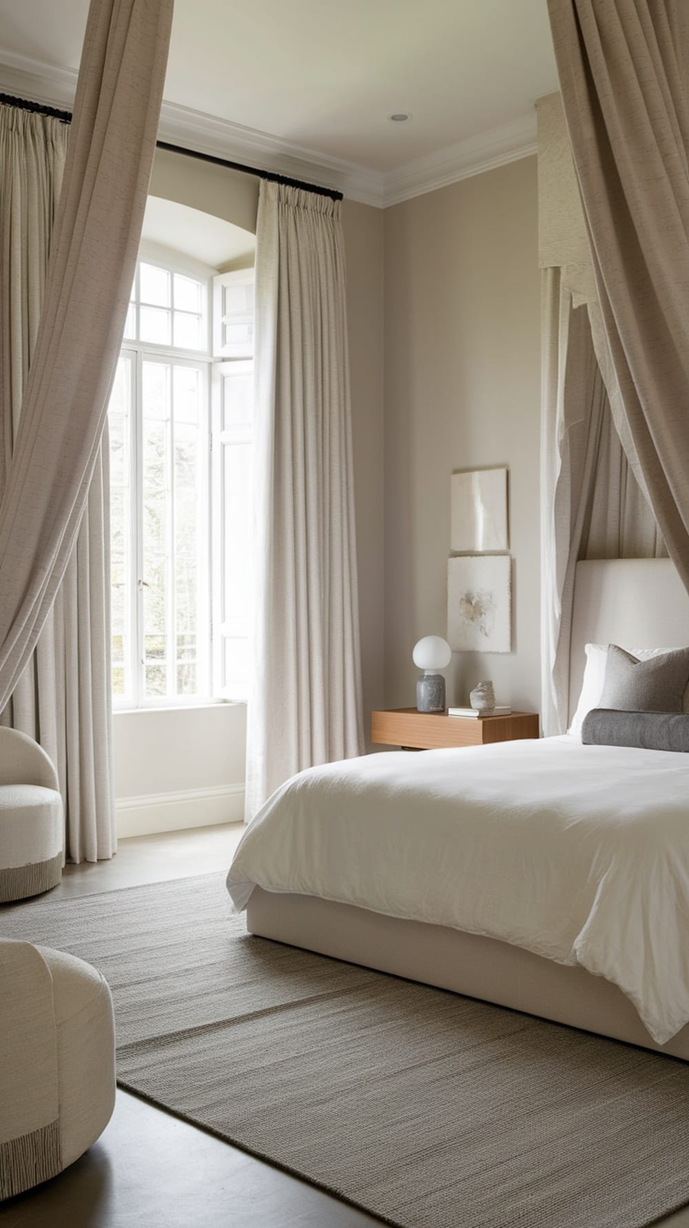 A neutral greige bedroom featuring soft curtains and a textured rug.