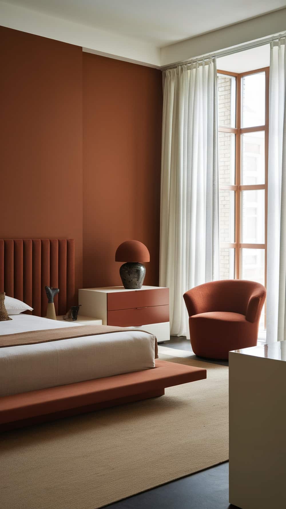 Modern bedroom featuring burnt sienna accents with a sleek bed, chair, and decorative items.
