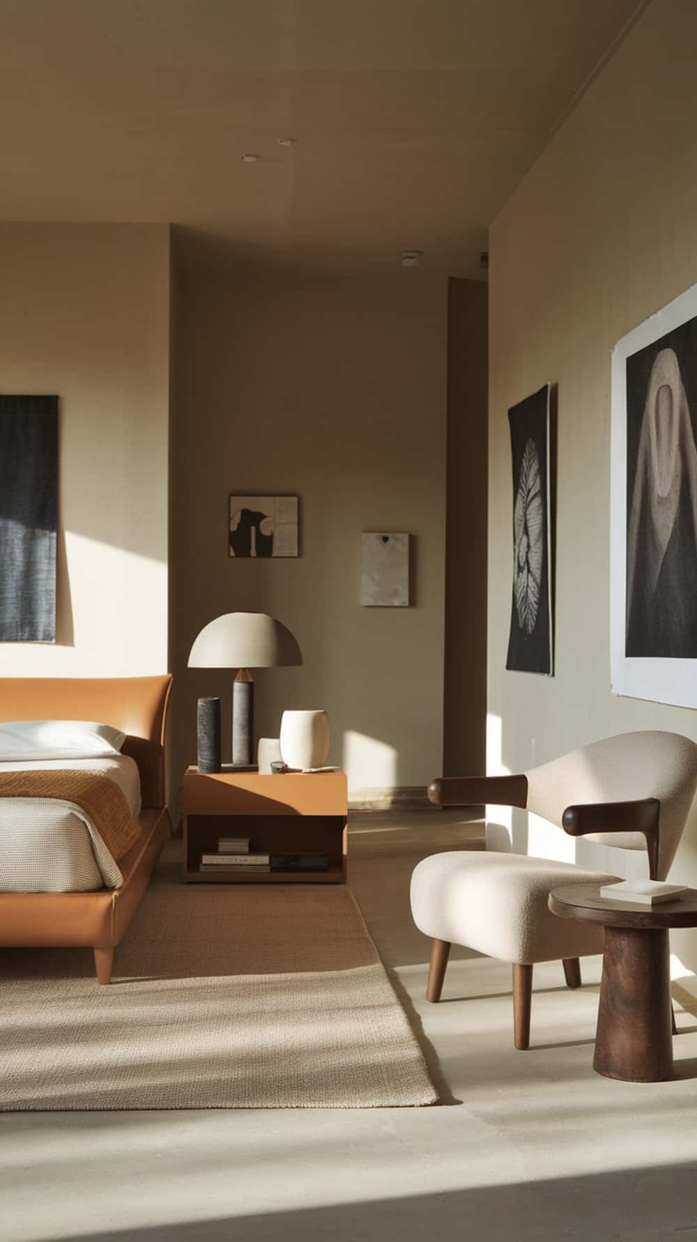 A minimalist caramel bedroom featuring monochromatic art pieces on the walls.