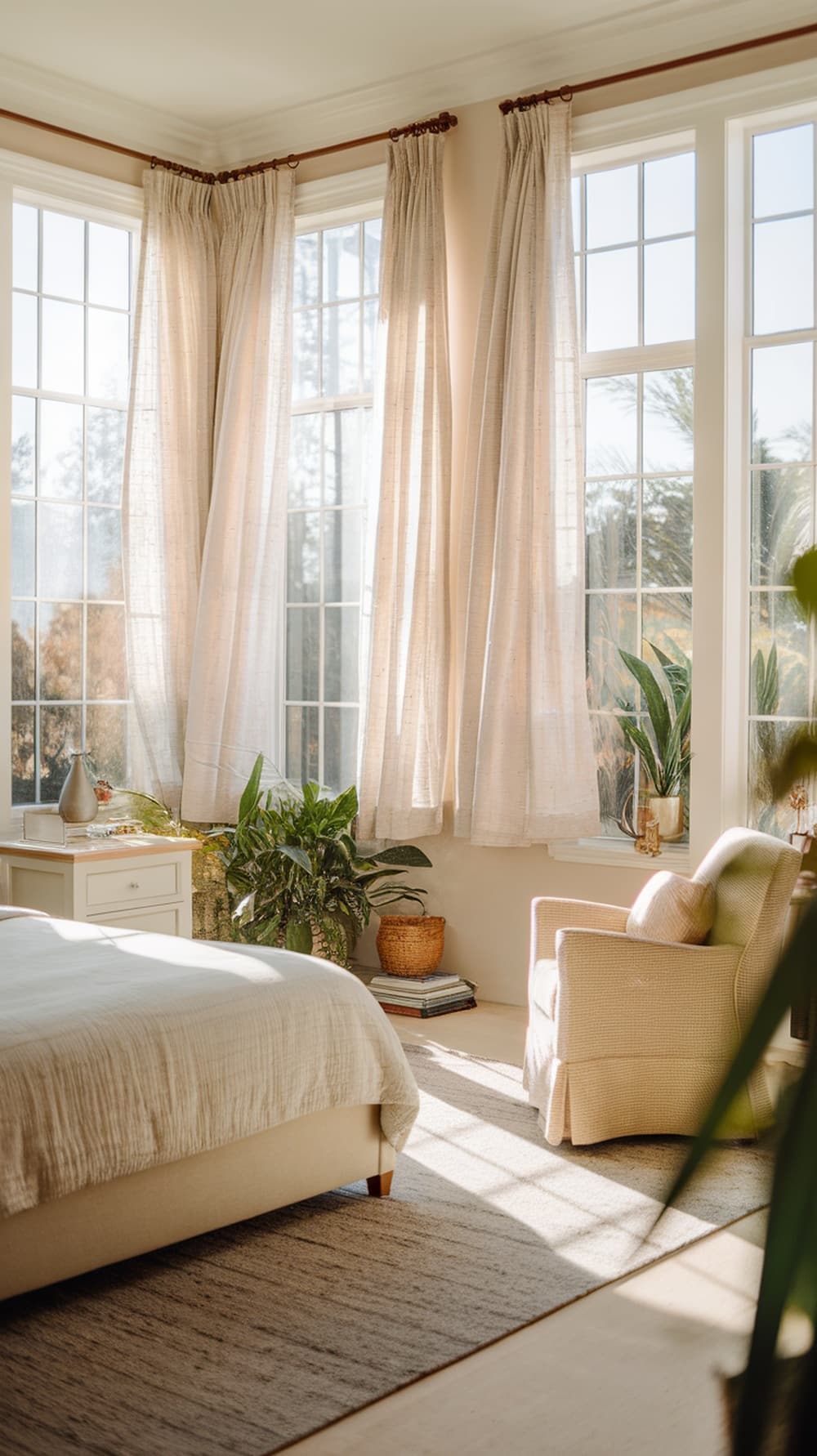 Bright and airy bedroom with large windows, sheer curtains, plants, and a cozy chair.