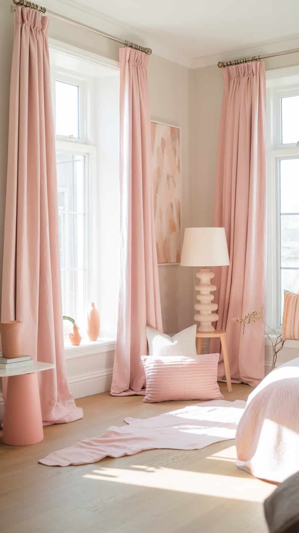 A cozy blush pink bedroom with natural light streaming through the windows, featuring soft curtains and light decor.