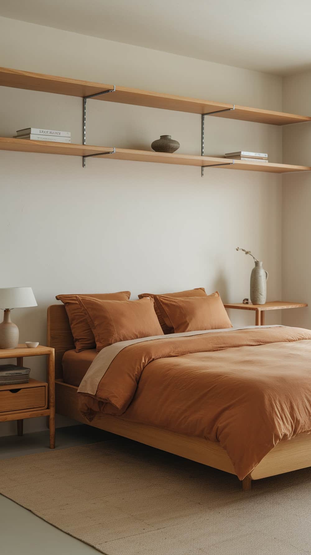 A minimalist bedroom featuring caramel bedding and natural wood accents.