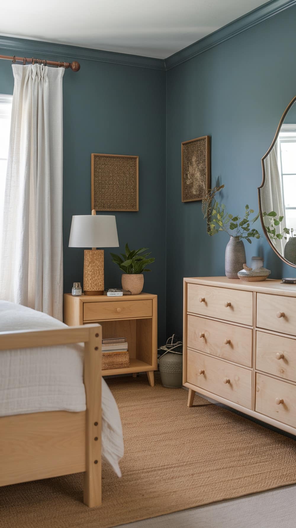 A cozy bedroom featuring dusty blue walls and natural wood furniture.