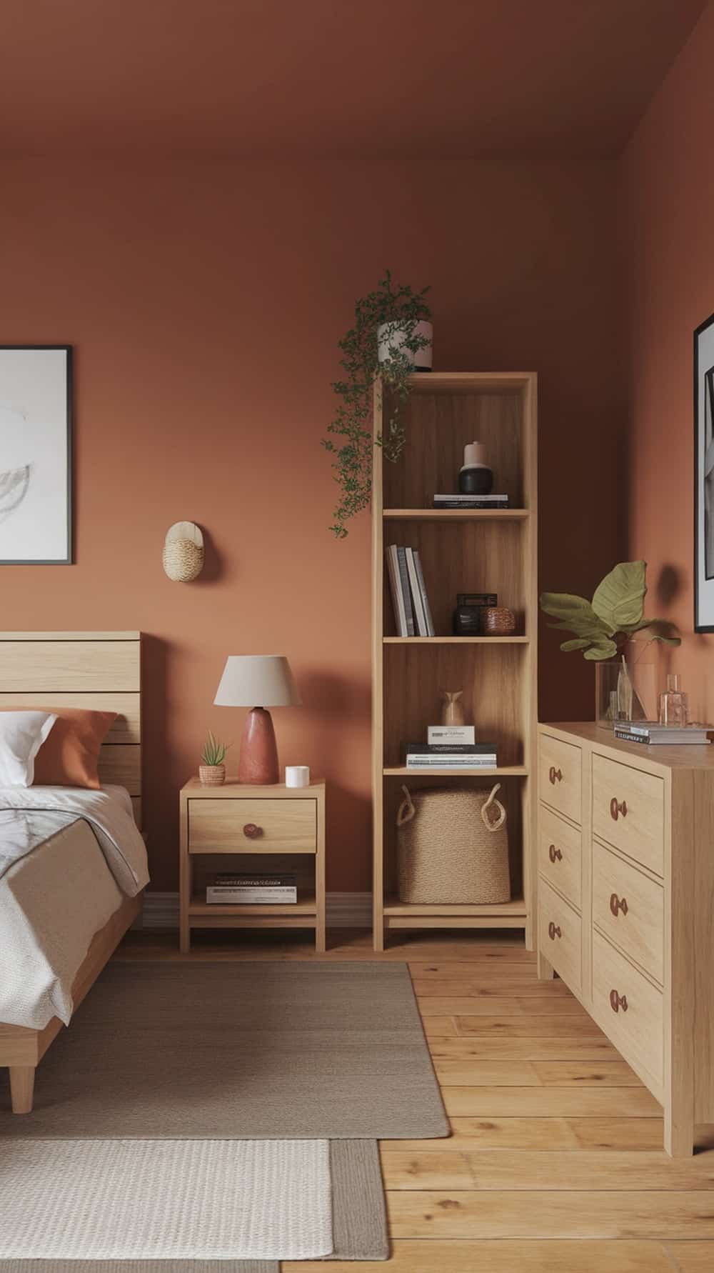 A modern bedroom featuring burnt sienna walls and natural wood furniture.