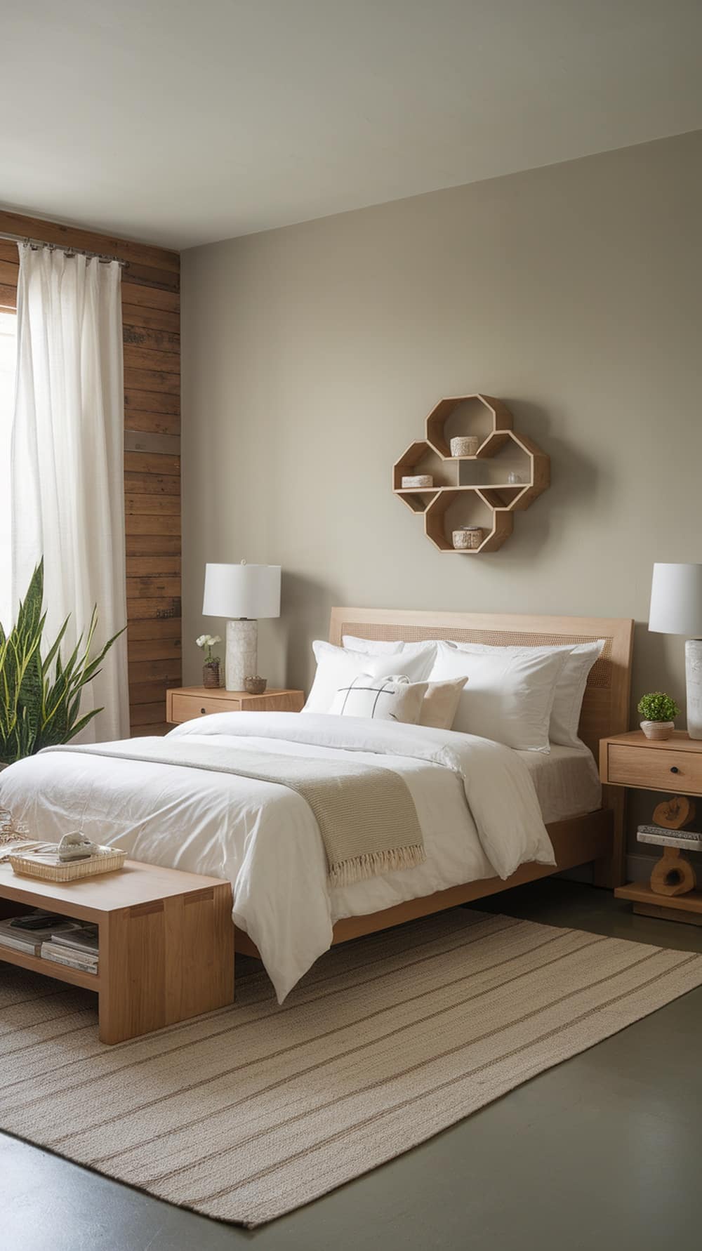 A warm greige bedroom featuring natural wood elements, including a wooden bed frame, nightstands, and decorative shelves.