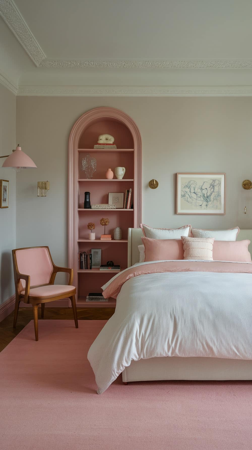 Cozy blush pink bedroom with a bed, chair, and decorative shelves.