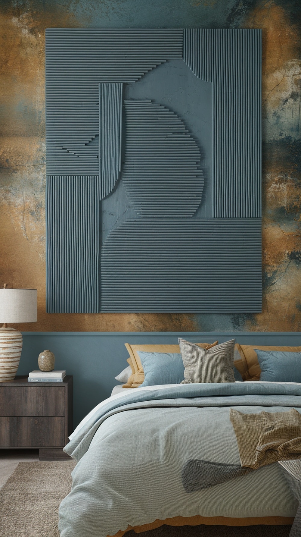 A modern bedroom featuring earthy tones and personalized artwork.