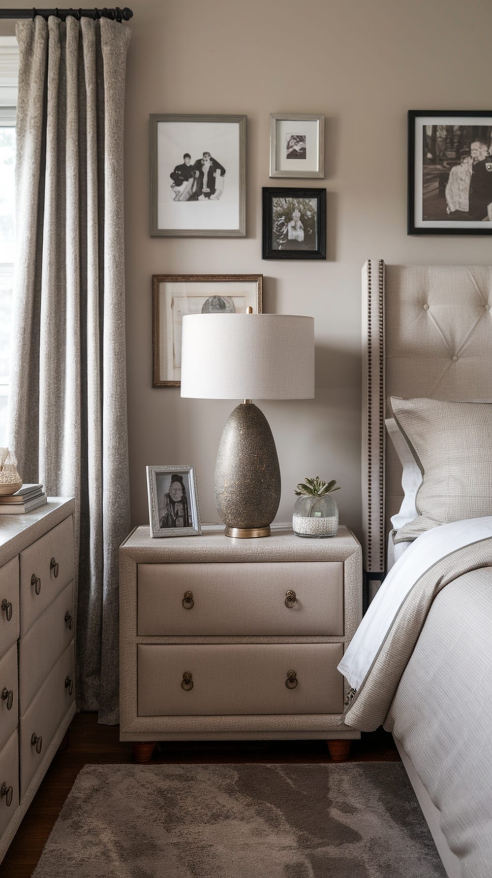 A cozy greige bedroom featuring personalized decor accents like framed photos, a stylish lamp, and a plant.
