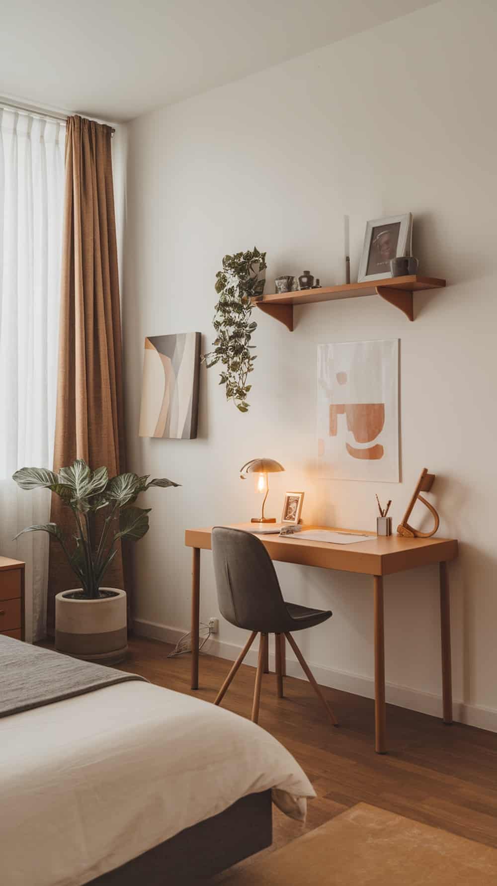 A minimalist caramel bedroom featuring a desk, plant, and artwork.