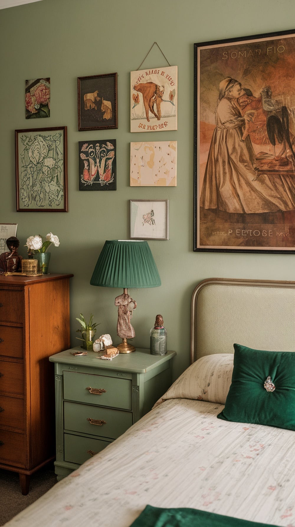 A vintage bedroom featuring emerald green walls, personalized artwork, and cozy decor.