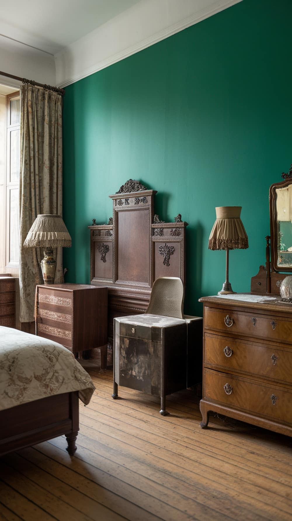 A vintage bedroom featuring an emerald green accent wall, wooden furniture, and soft lighting.