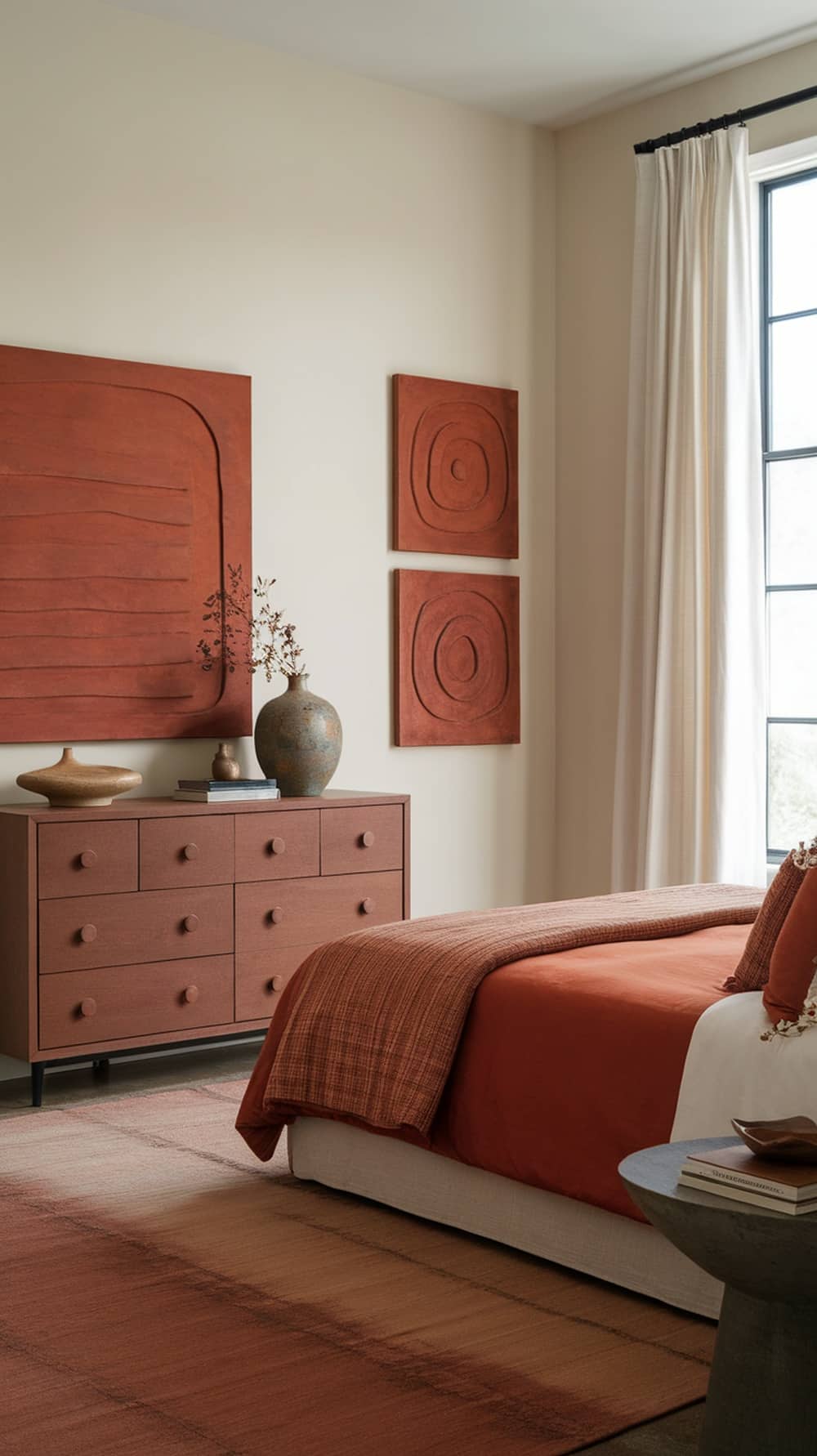 A modern bedroom featuring burnt sienna artwork and decor.