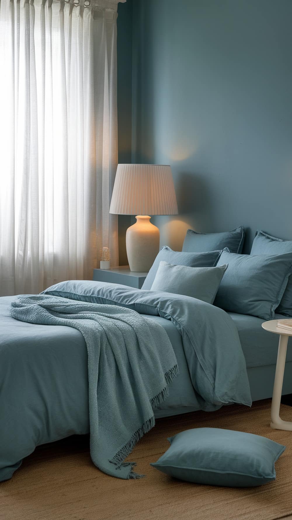 A cozy bedroom with soft ambient lighting, featuring dusty blue walls and warm lamp light.