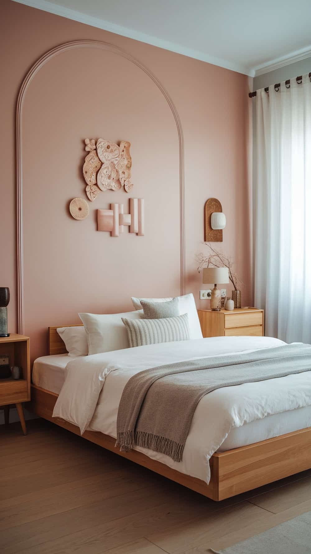 Cozy blush pink bedroom with an accent wall and wooden furniture