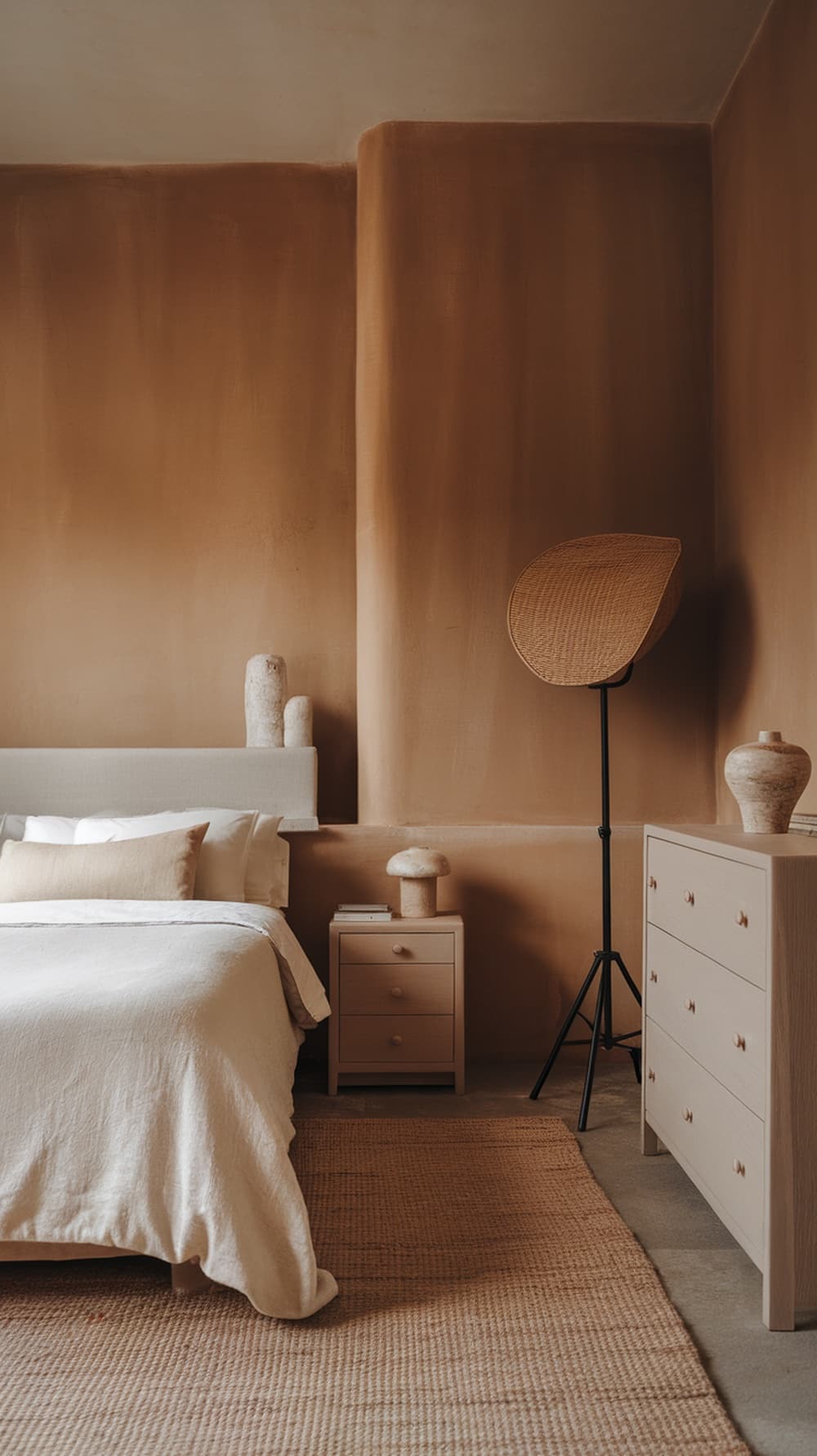 A minimalist bedroom featuring soft caramel walls, a light bedspread, and natural decor.