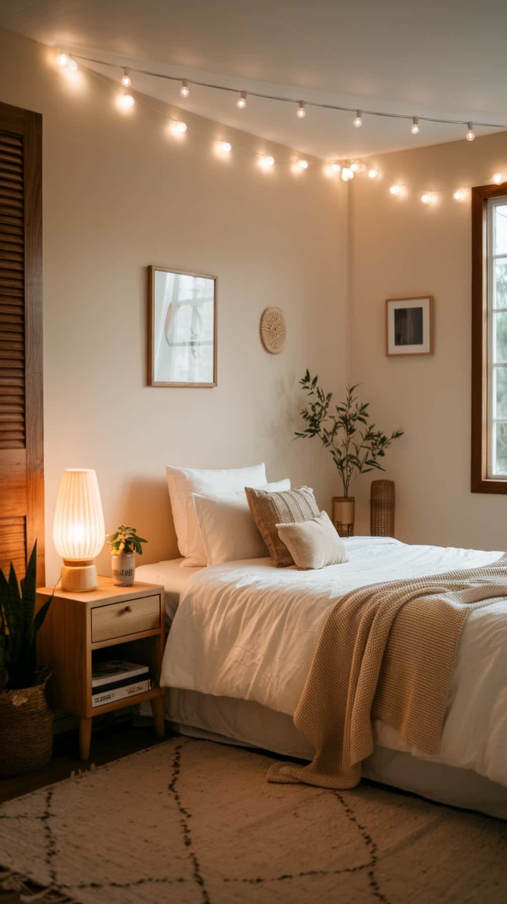 Cozy cream bedroom with soft lighting from string lights and a lamp, featuring plants and a warm atmosphere.