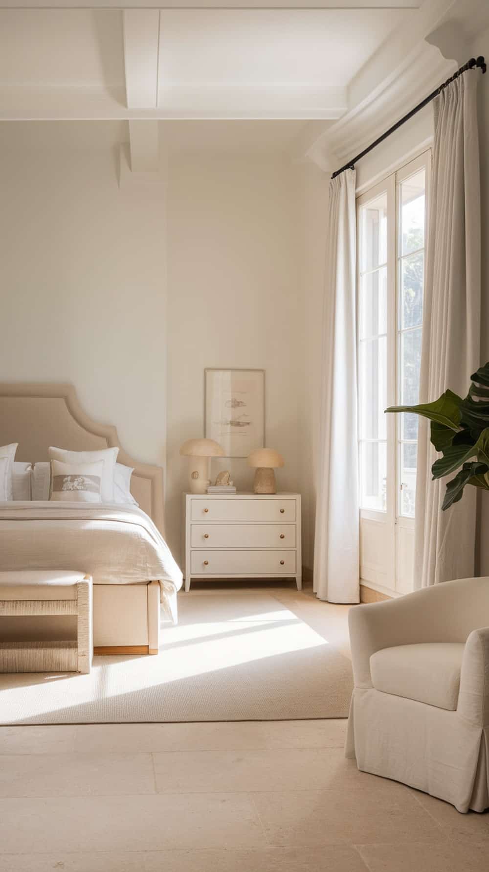 A serene cream bedroom featuring soft neutral colors, a cozy bed, and natural light.