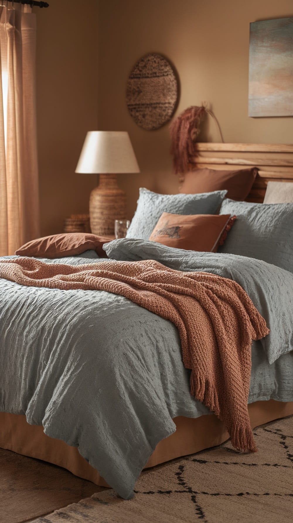 A cozy bedroom featuring soft textured bedding in dusty blue and terracotta.