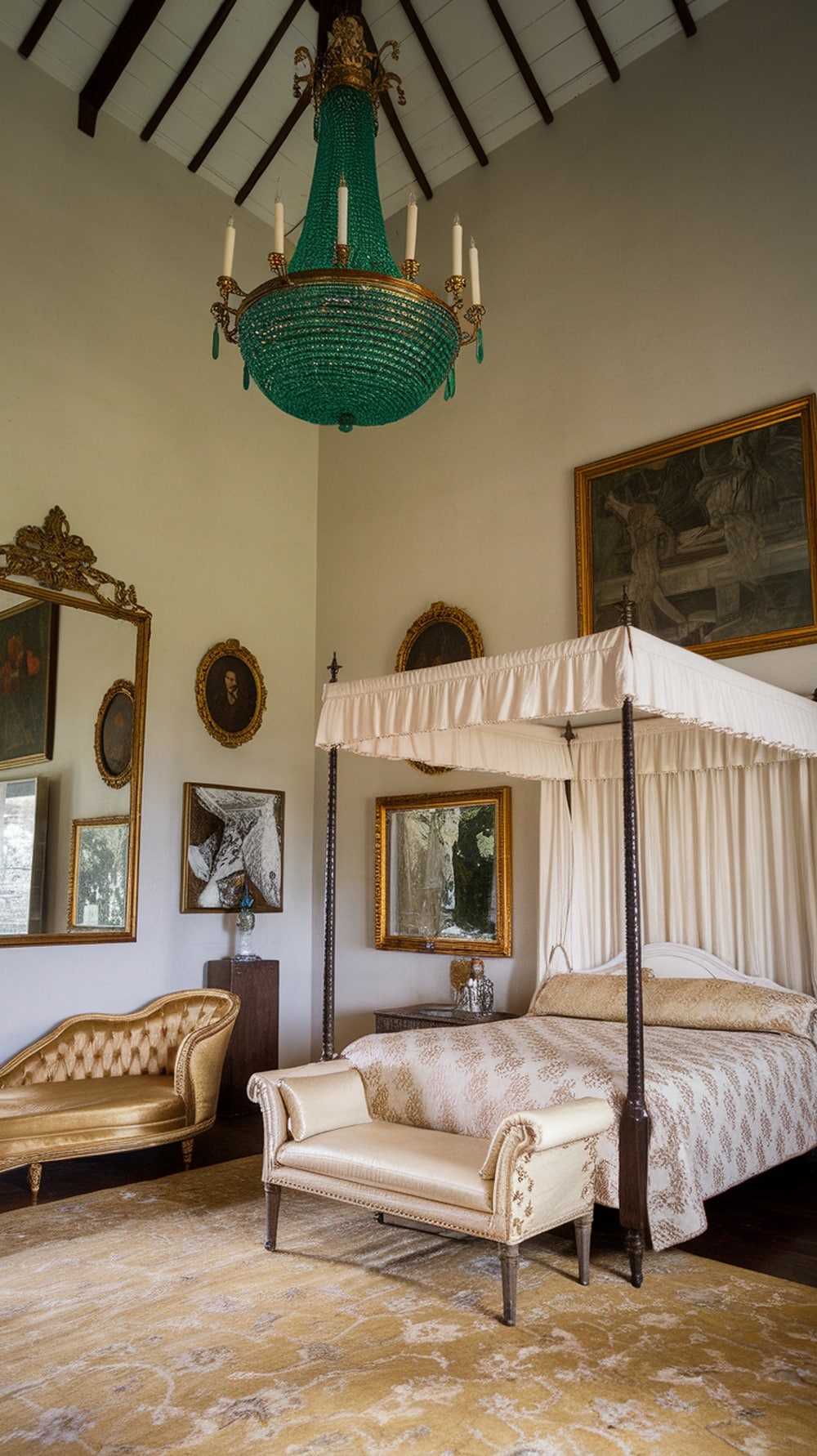 A vintage bedroom featuring a green chandelier, elegant furniture, and decorative mirrors.