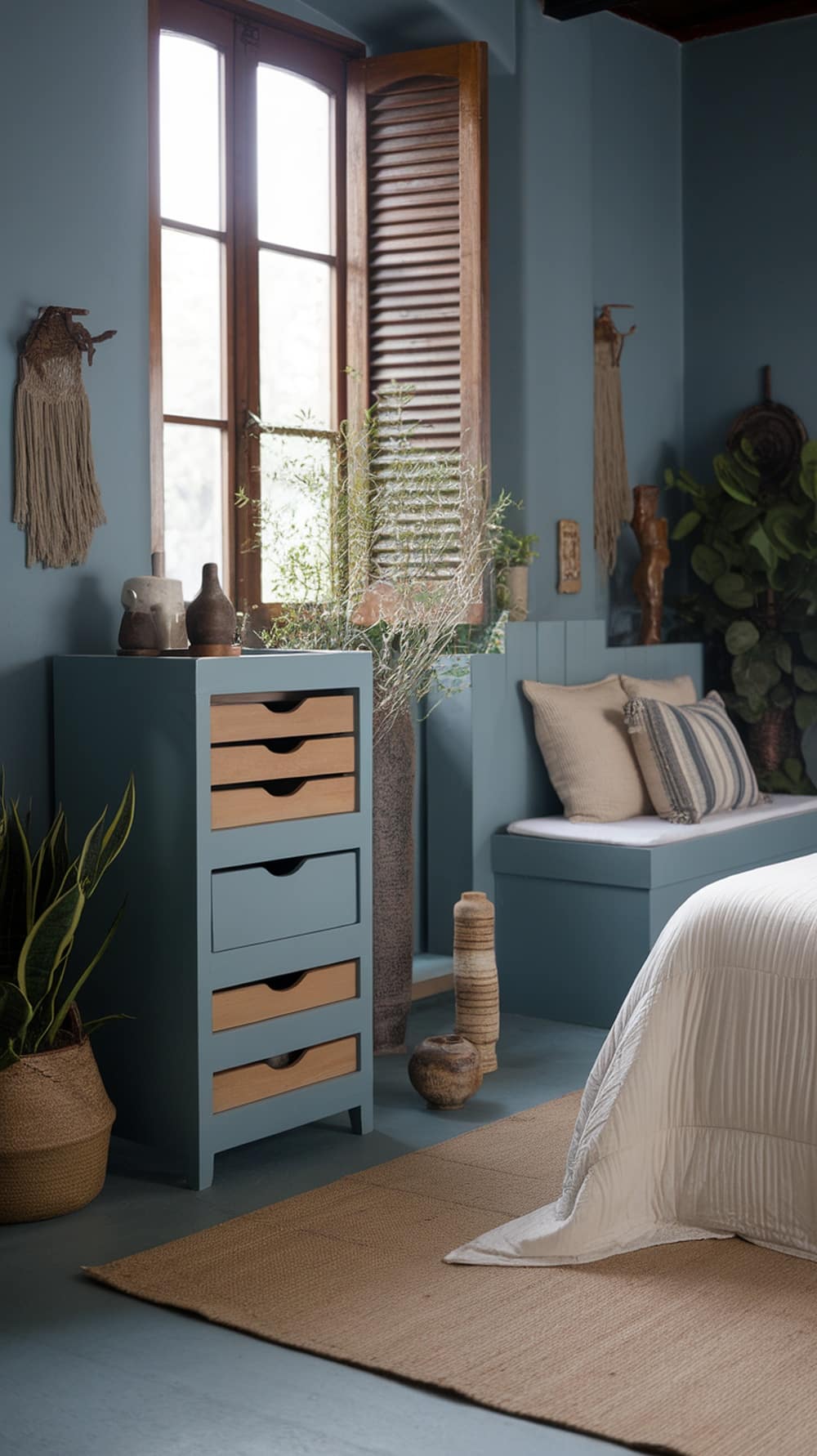 Stylish dusty blue bedroom with storage solutions including a dresser and a cozy bench.