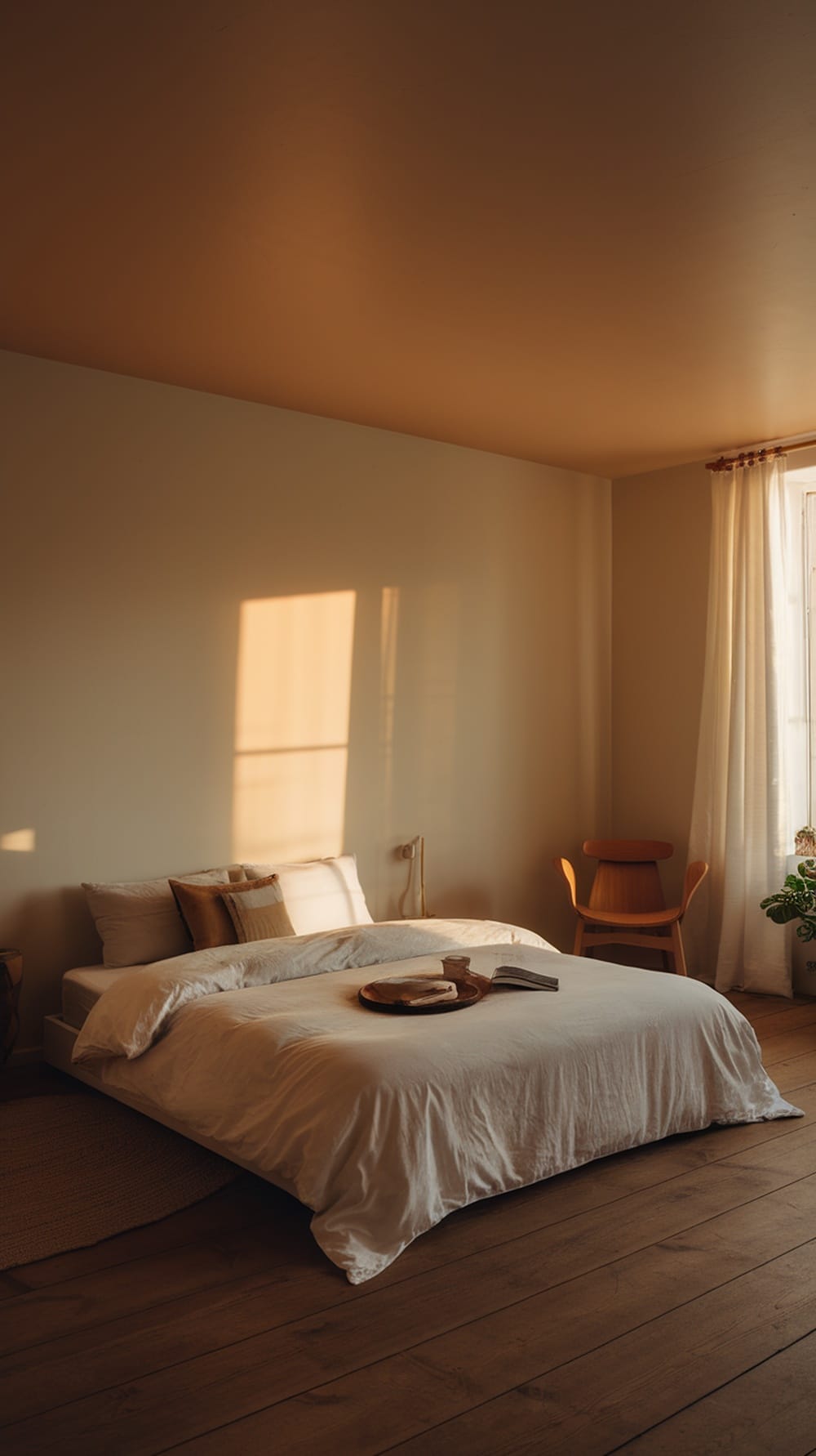A minimalist caramel bedroom with soft lighting and a cozy atmosphere.