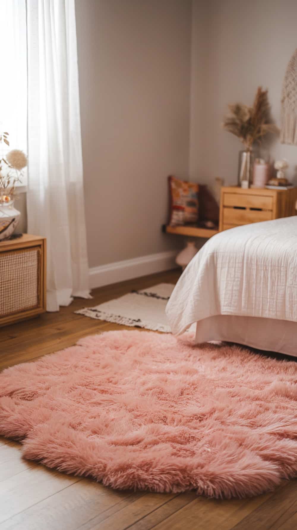 A cozy blush pink rug in a bedroom setting.