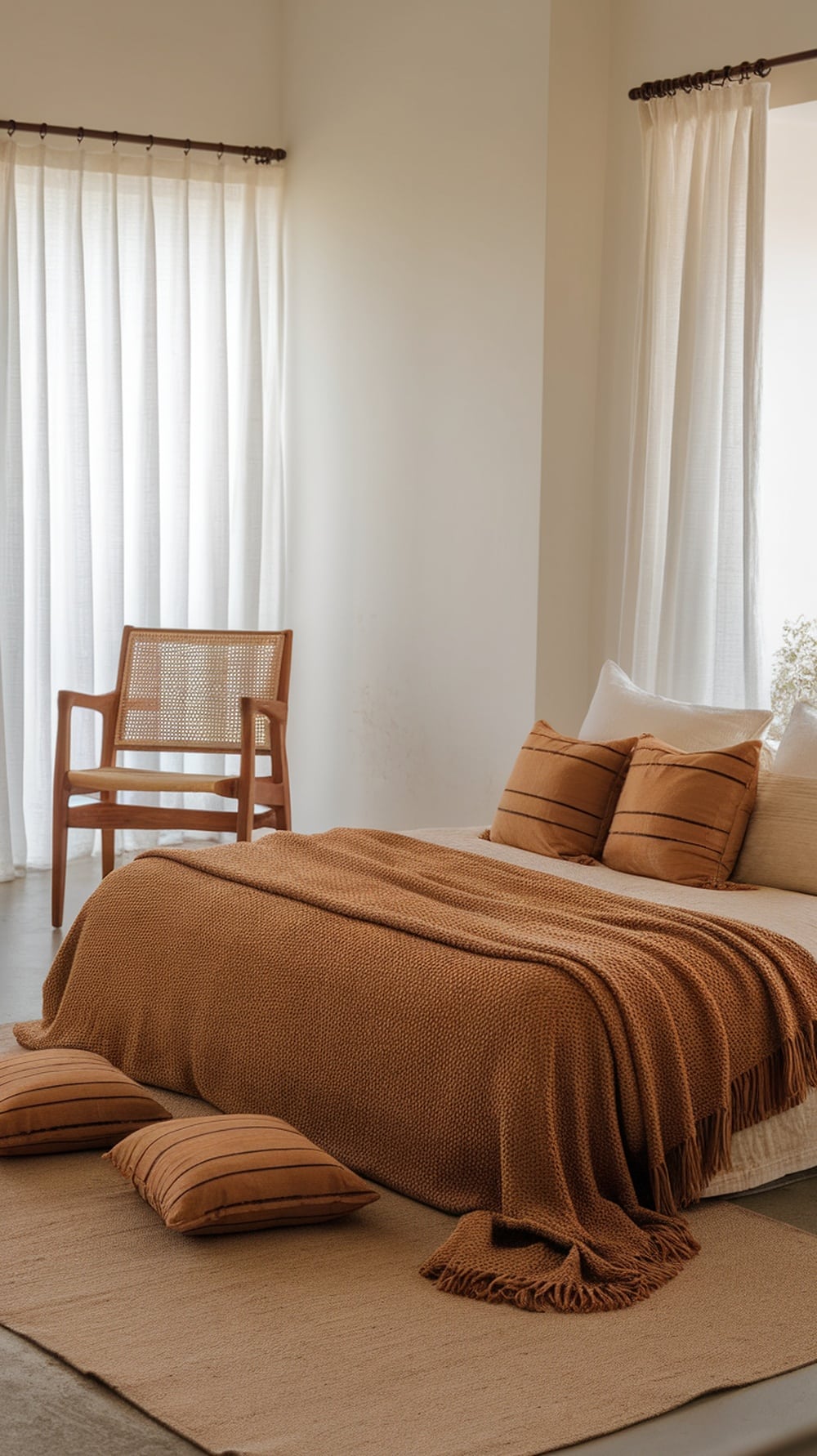 A cozy caramel-themed bedroom with textured fabrics, including a chunky knit blanket and soft pillows.