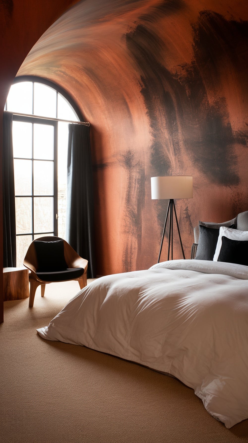 A modern bedroom featuring a textured burnt sienna wall, a cozy bed, and stylish decor.