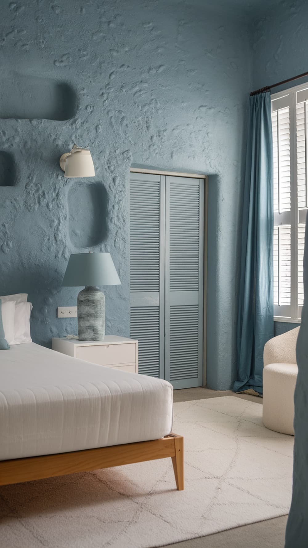 A cozy bedroom featuring textured blue walls and soft furnishings.