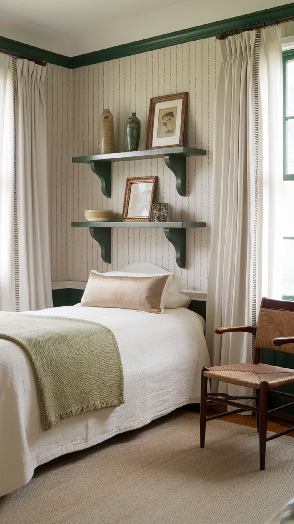 A vintage bedroom featuring emerald green accents with wall decor, a bed, and a chair.