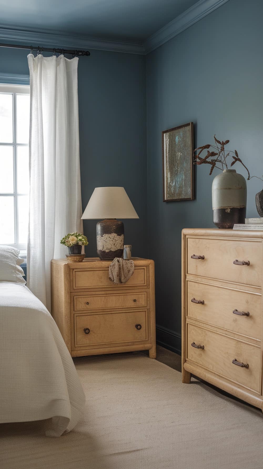A cozy bedroom featuring vintage-inspired light wood furniture against dusty blue walls.