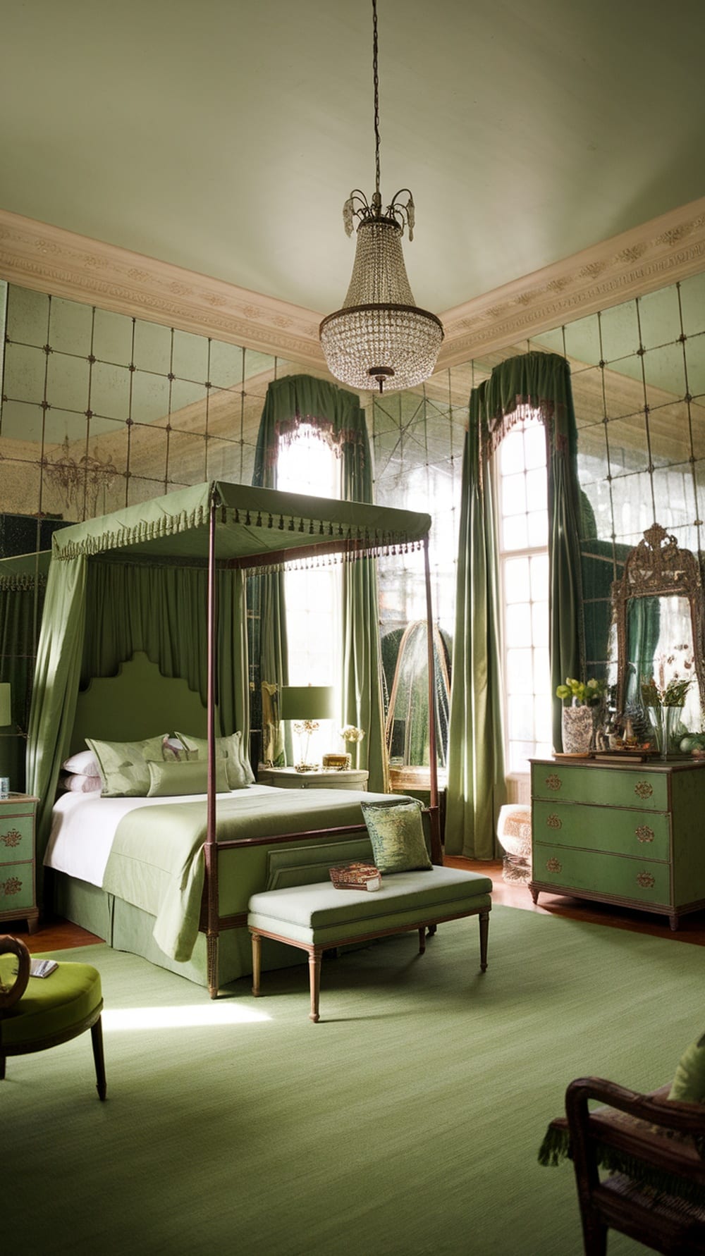 A vintage bedroom featuring emerald green decor, ornate mirrors, and a chandelier.