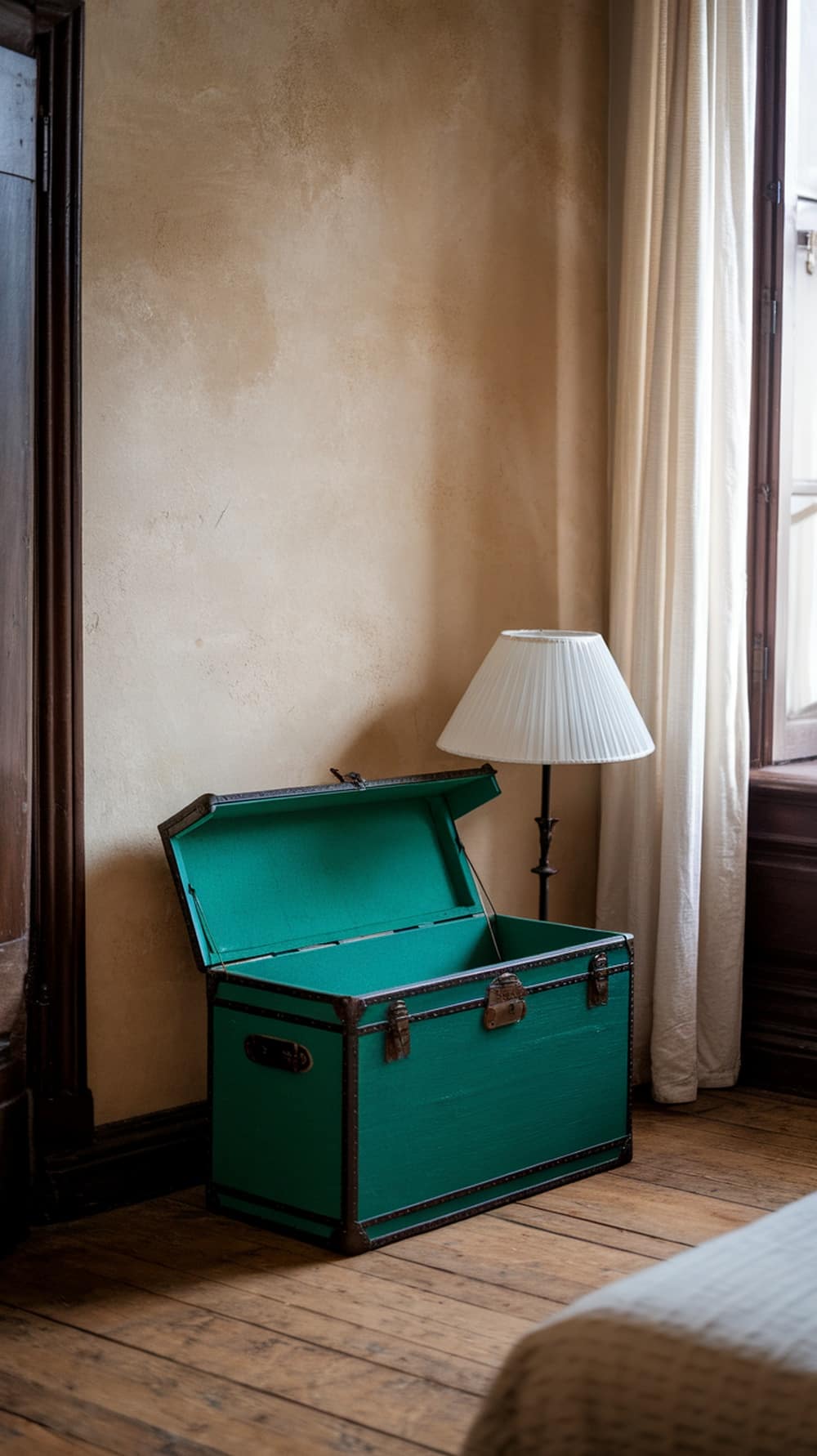 A vintage emerald green trunk with an open lid, placed beside a lamp in a bedroom.