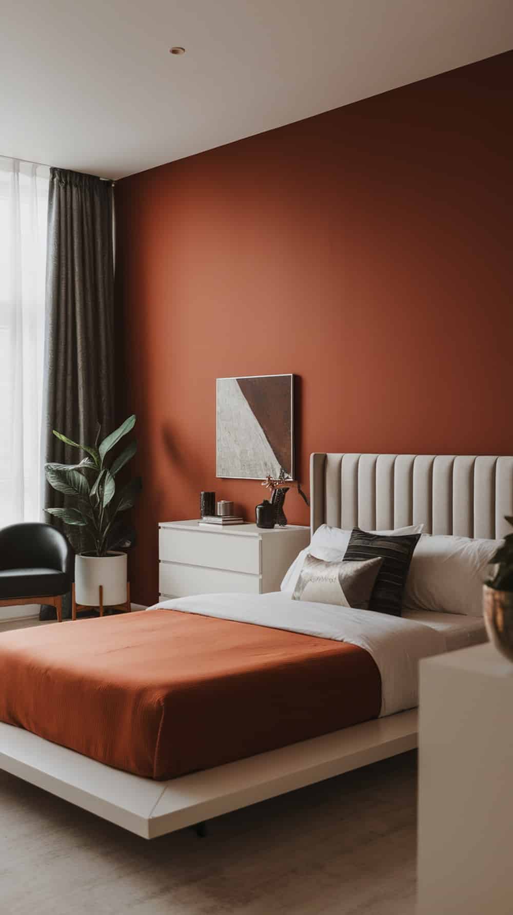 A modern bedroom featuring a burnt sienna accent wall, with a white bed, gray curtains, and a plant.