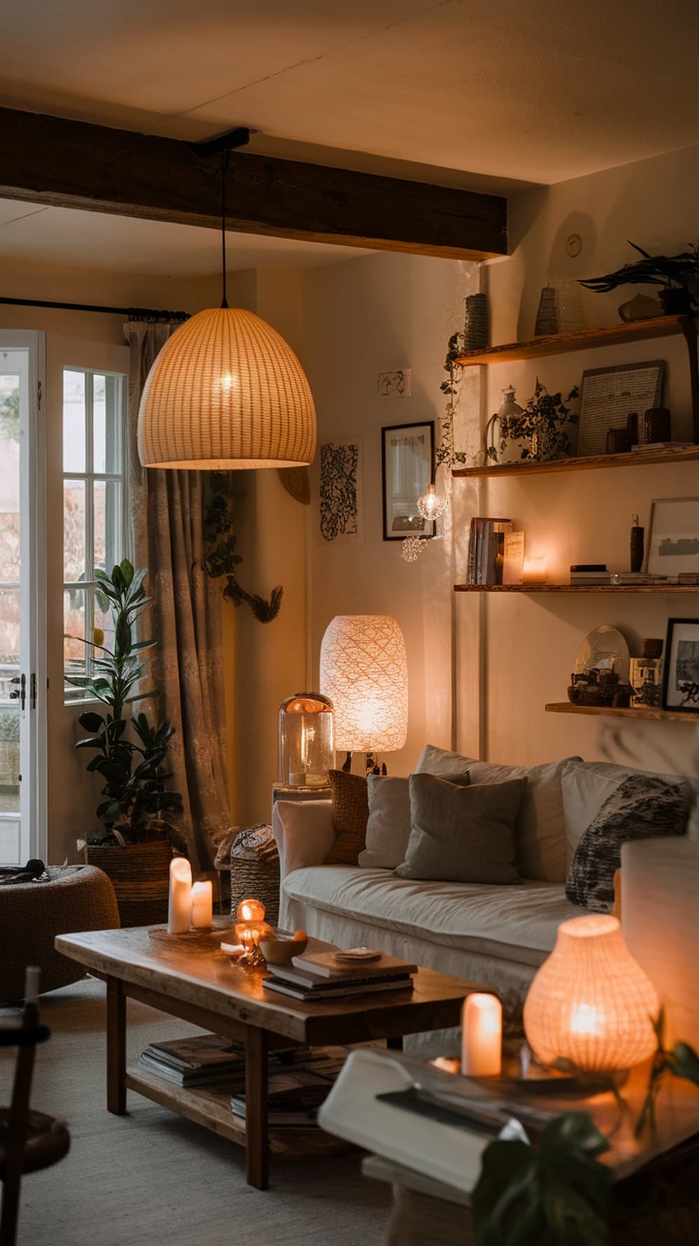 Cozy cream living room with warm lighting from pendant lights and candles
