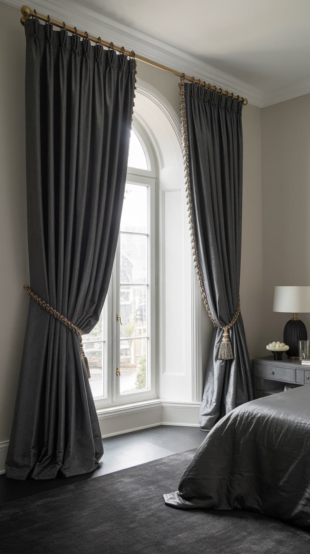 Elegant charcoal gray bedroom with luxurious drapes and stylish decor.